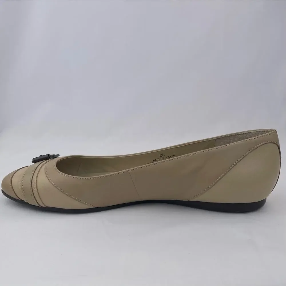 Talbots Women Tan Leather Buckle Ballet Flats Comfort Shoes Wide Width 8W